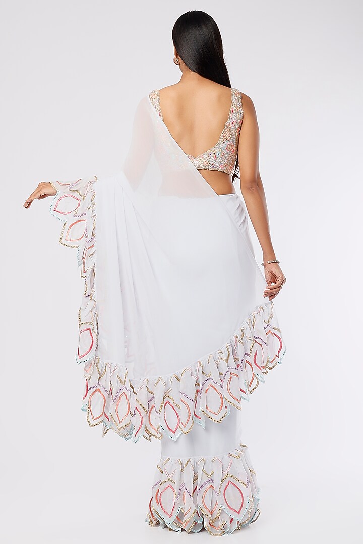 Ice-Blue Georgette Ruffled Reception Saree Set by Tamanna Punjabi Kapoor at Pernia's Pop Up Shop