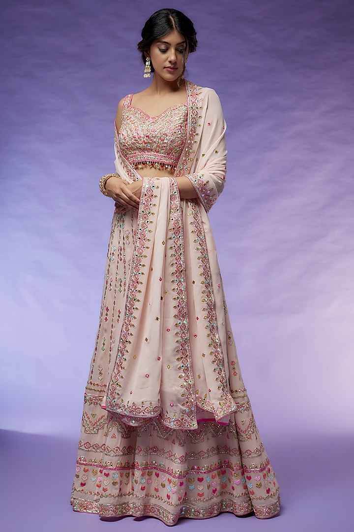 Powder Pink Georgette Embroidered Sharara Set by Tamanna Punjabi Kapoor at Pernia's Pop Up Shop