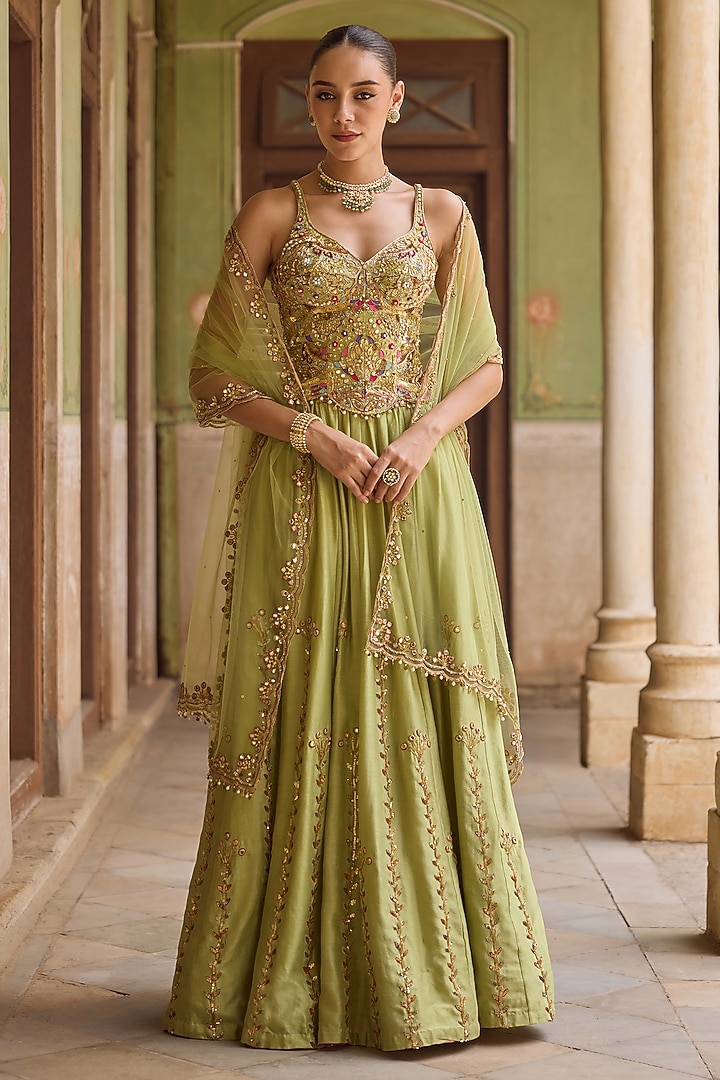 Apple Green Chanderi Mirror Embroidered Bridal Lehenga Set by Tamanna Punjabi Kapoor at Pernia's Pop Up Shop