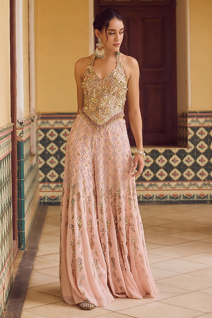 Peach Georgette Bridal Sharara Set by Tamanna Punjabi Kapoor at Pernia's Pop Up Shop