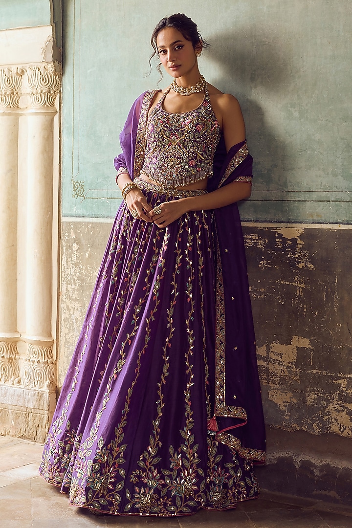 Purple Chanderi Mirror Embroidered Bridal Lehenga Set by Tamanna Punjabi Kapoor at Pernia's Pop Up Shop