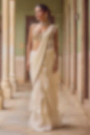 Ivory Chiffon & Soft Organza Pre-Draped Frilled Wedding Saree Set by Tamanna Punjabi Kapoor at Pernia's Pop Up Shop
