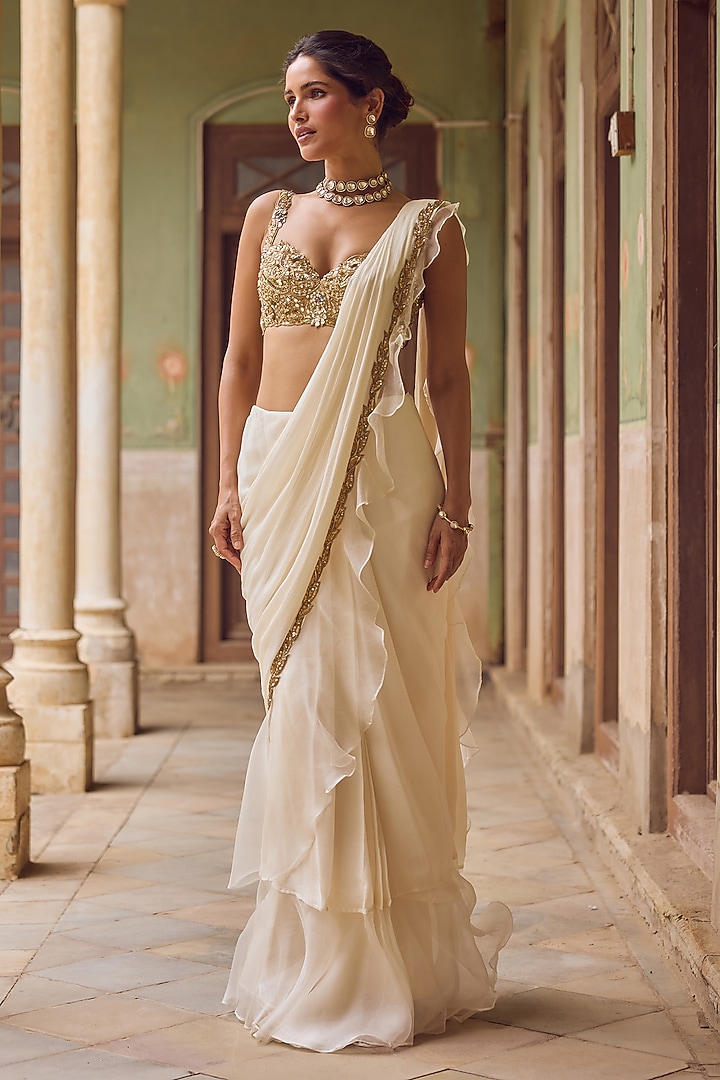 Ivory Chiffon & Soft Organza Pre-Draped Frilled Wedding Saree Set by Tamanna Punjabi Kapoor at Pernia's Pop Up Shop
