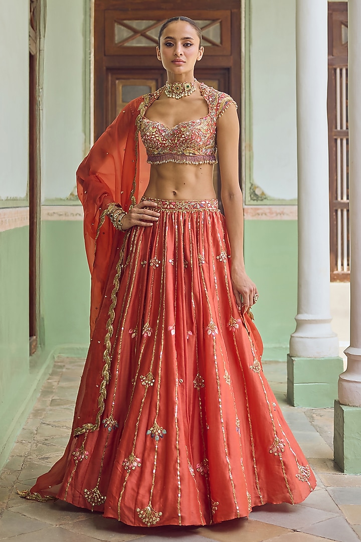 Rust Orange Chanderi Mirror Embellished Bridal Lehenga Set by Tamanna Punjabi Kapoor at Pernia's Pop Up Shop