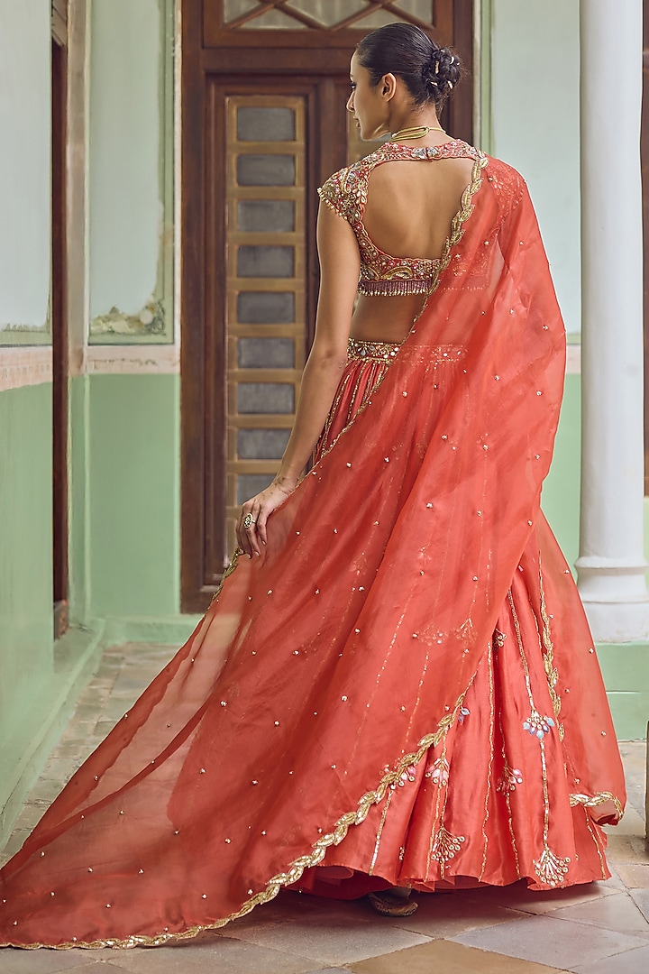 Rust Orange Chanderi Mirror Embellished Bridal Lehenga Set by Tamanna Punjabi Kapoor at Pernia's Pop Up Shop