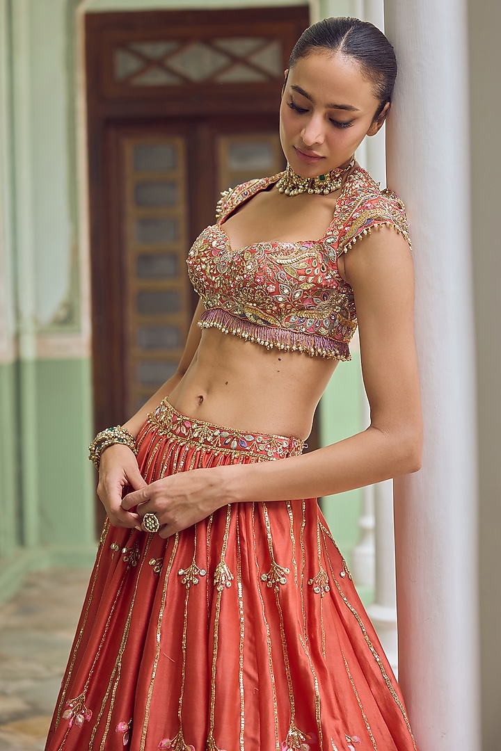 Rust Orange Chanderi Mirror Embellished Bridal Lehenga Set by Tamanna Punjabi Kapoor at Pernia's Pop Up Shop