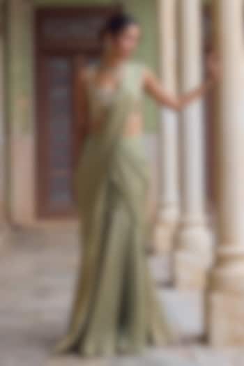 Sage Green Tissue Mirror Embroidered Pre-Draped Wedding Saree Set by Tamanna Punjabi Kapoor at Pernia's Pop Up Shop
