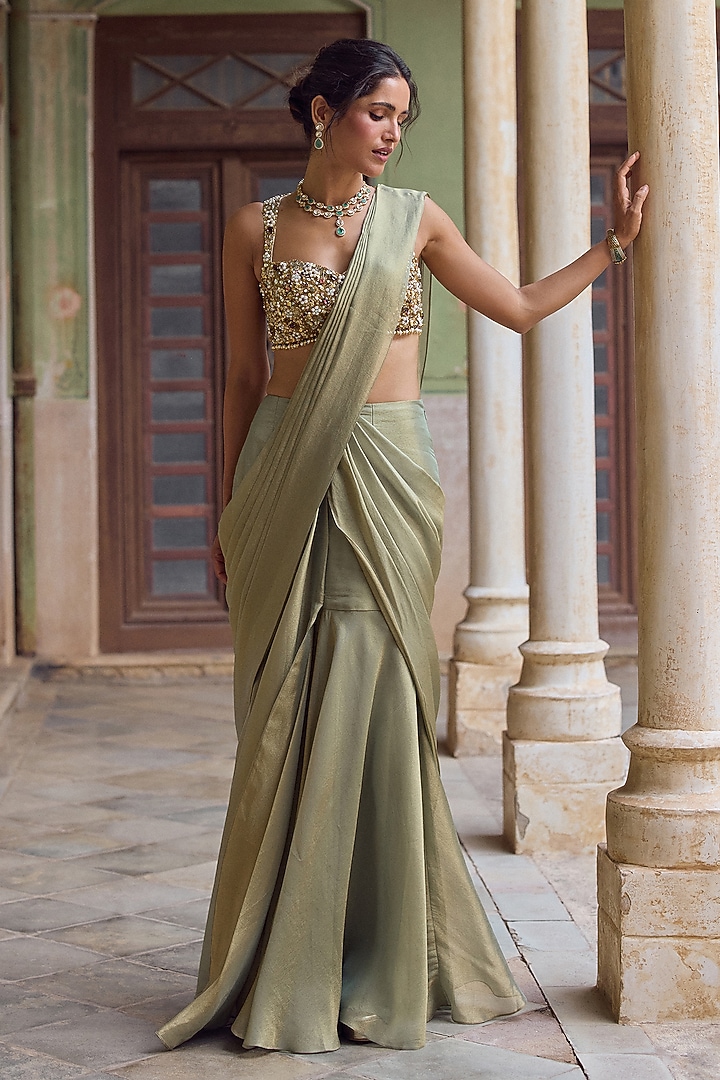 Sage Green Tissue Mirror Embroidered Pre-Draped Wedding Saree Set by Tamanna Punjabi Kapoor at Pernia's Pop Up Shop
