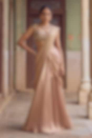 Blush Pink Kanjeevaram Tissue Pre-Draped Wedding Saree Set by Tamanna Punjabi Kapoor at Pernia's Pop Up Shop