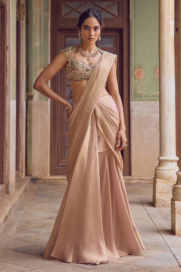 Blush Pink Kanjeevaram Tissue Pre-Draped Wedding Saree Set by Tamanna Punjabi Kapoor at Pernia's Pop Up Shop