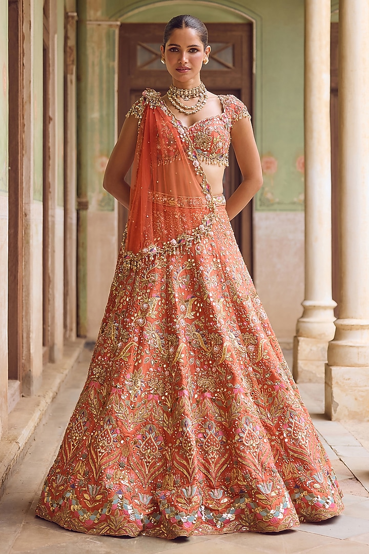 Rust Orange Raw Silk Sequins Embellished Bridal Lehenga Set by Tamanna Punjabi Kapoor at Pernia's Pop Up Shop