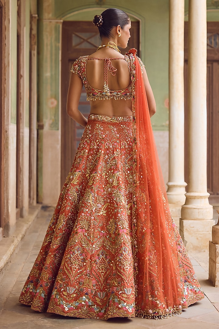 Rust Orange Raw Silk Sequins Embellished Bridal Lehenga Set by Tamanna Punjabi Kapoor at Pernia's Pop Up Shop