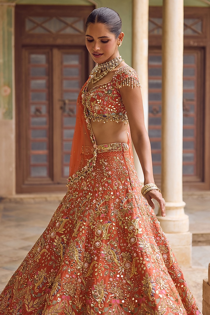 Rust Orange Raw Silk Sequins Embellished Bridal Lehenga Set by Tamanna Punjabi Kapoor at Pernia's Pop Up Shop