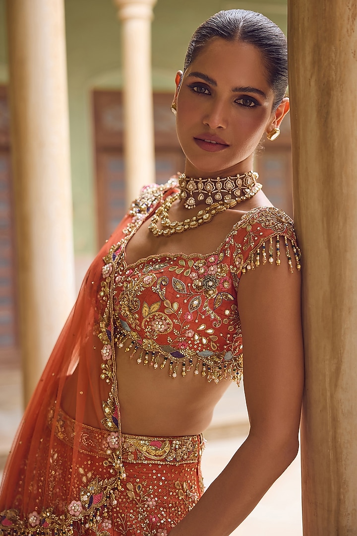 Rust Orange Raw Silk Sequins Embellished Bridal Lehenga Set by Tamanna Punjabi Kapoor at Pernia's Pop Up Shop