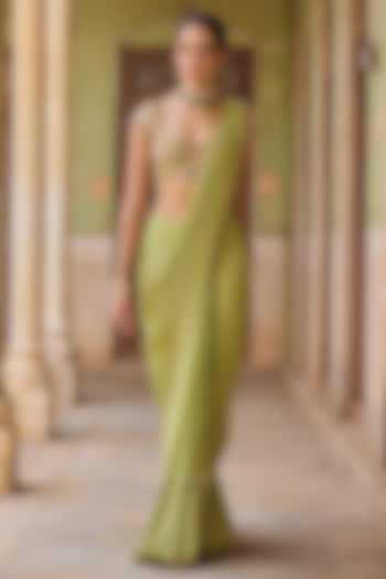 Apple Green Chiffon Sequins Embroidered Pre-Draped Reception Saree Set by Tamanna Punjabi Kapoor at Pernia's Pop Up Shop
