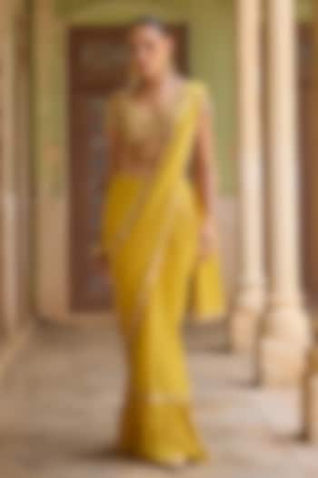 Yellow Chiffon Sequins Embroidered Pre-Draped Reception Saree Set by Tamanna Punjabi Kapoor at Pernia's Pop Up Shop