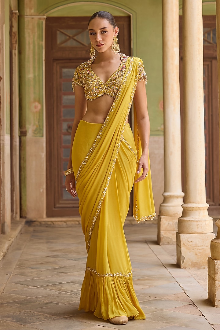 Yellow Chiffon Sequins Embroidered Pre-Draped Reception Saree Set by Tamanna Punjabi Kapoor at Pernia's Pop Up Shop