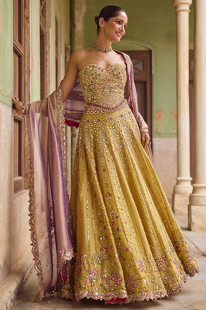Mustard Yellow Kanjivaram Tissue Sequins Embellished Bridal Lehenga Set by Tamanna Punjabi Kapoor at Pernia's Pop Up Shop