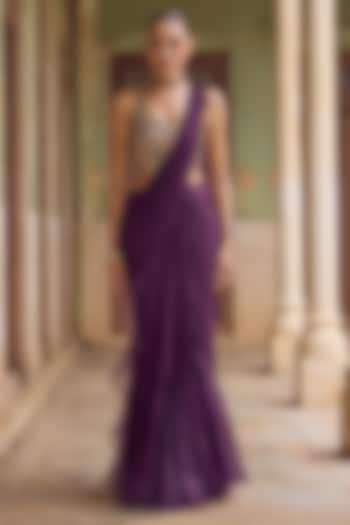 Purple Chiffon Pre-Draped Ruffled Reception Saree Set by Tamanna Punjabi Kapoor at Pernia's Pop Up Shop