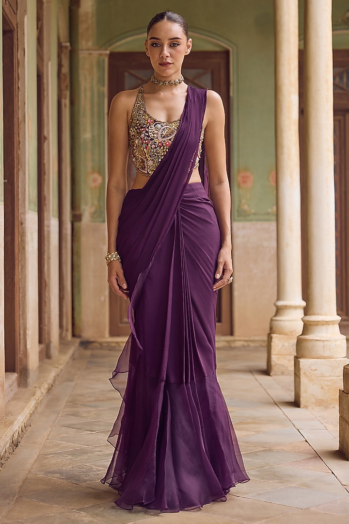 Purple Chiffon Pre-Draped Ruffled Reception Saree Set by Tamanna Punjabi Kapoor at Pernia's Pop Up Shop