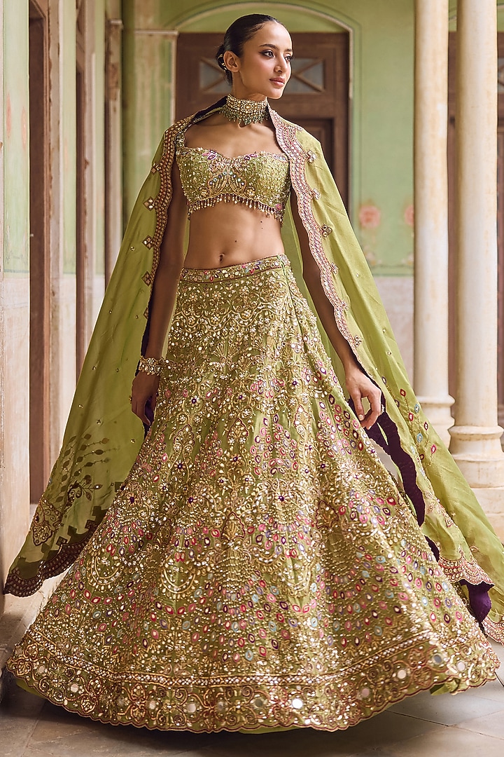 Apple Green Kanjivaram Tissue Sequins Embroidered Bridal Lehenga Set by Tamanna Punjabi Kapoor at Pernia's Pop Up Shop