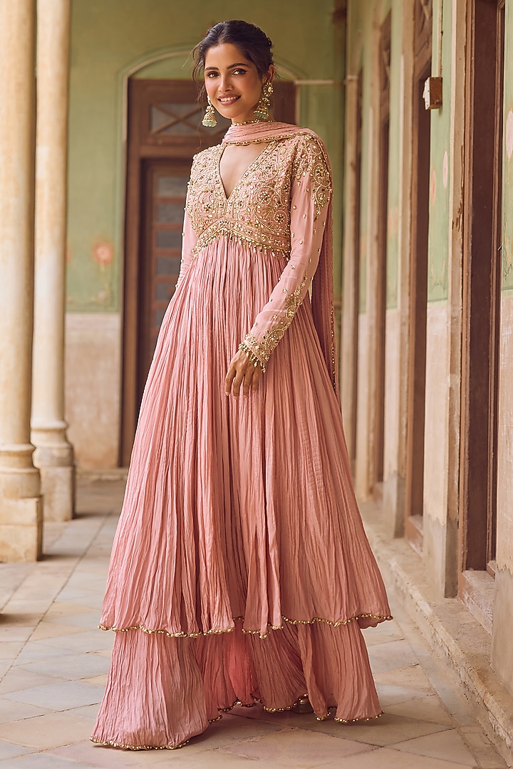Blush Pink Habutai Silk & Crepe Crushed Bridal Anarkali Set by Tamanna Punjabi Kapoor at Pernia's Pop Up Shop