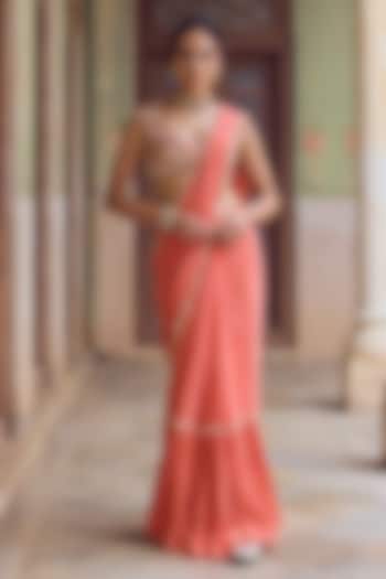 Coral Chiffon Mirror Work Pre-Draped Reception Saree Set by Tamanna Punjabi Kapoor at Pernia's Pop Up Shop