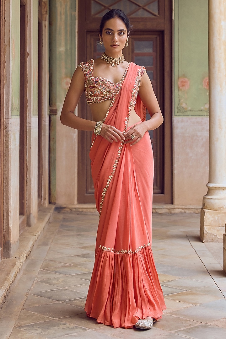 Coral Chiffon Mirror Work Pre-Draped Reception Saree Set by Tamanna Punjabi Kapoor at Pernia's Pop Up Shop