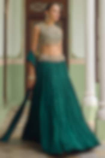 Emerald Green Habutai Silk & Shantoon Pearl Embroidered Wedding Lehenga Set by Tamanna Punjabi Kapoor at Pernia's Pop Up Shop