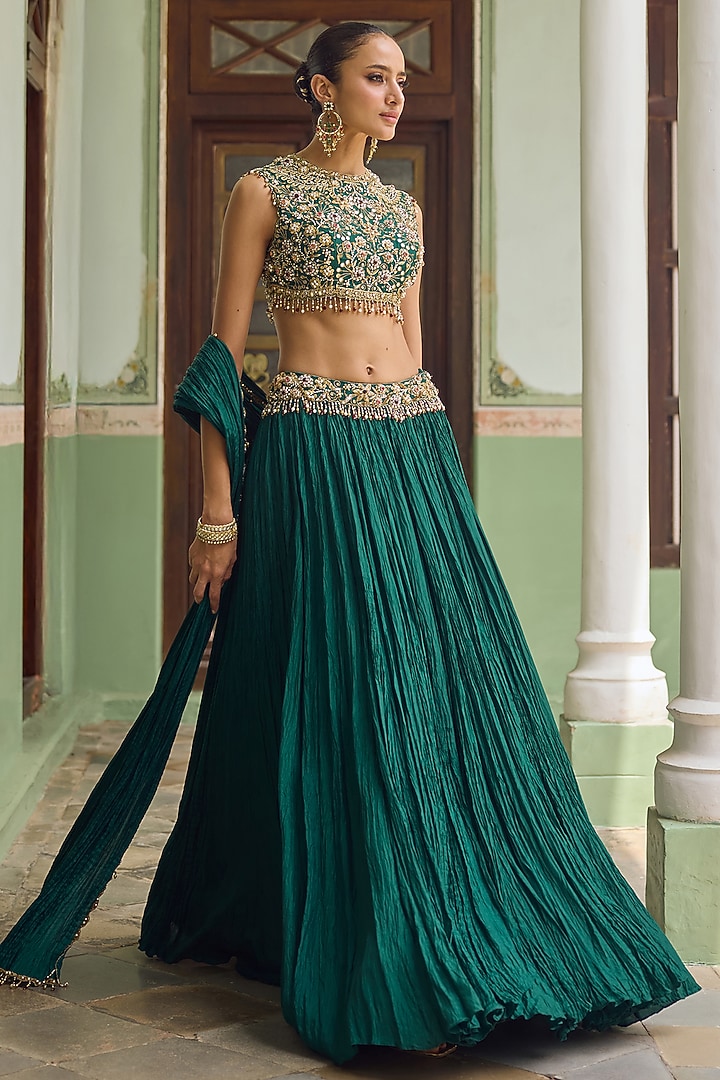 Emerald Green Habutai Silk & Shantoon Pearl Embroidered Wedding Lehenga Set by Tamanna Punjabi Kapoor at Pernia's Pop Up Shop