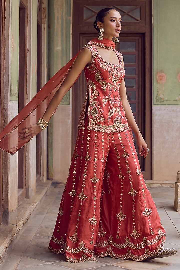 Rust Orange Habutai Silk Resham Embroidered Bridal Sharara Set by Tamanna Punjabi Kapoor at Pernia's Pop Up Shop