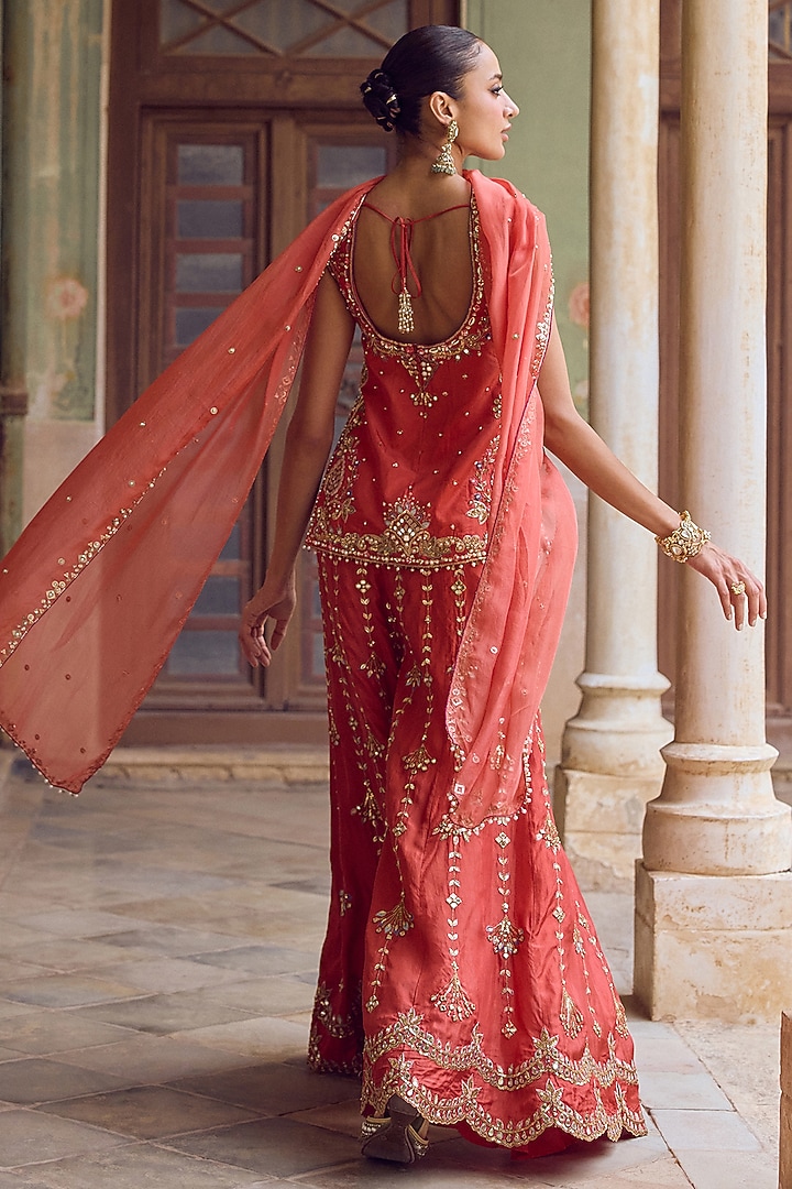 Rust Orange Habutai Silk Resham Embroidered Bridal Sharara Set by Tamanna Punjabi Kapoor at Pernia's Pop Up Shop