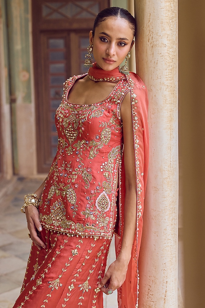 Rust Orange Habutai Silk Resham Embroidered Bridal Sharara Set by Tamanna Punjabi Kapoor at Pernia's Pop Up Shop