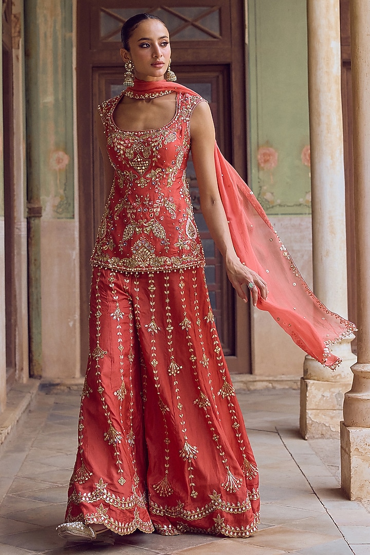 Rust Orange Habutai Silk Resham Embroidered Bridal Sharara Set by Tamanna Punjabi Kapoor at Pernia's Pop Up Shop
