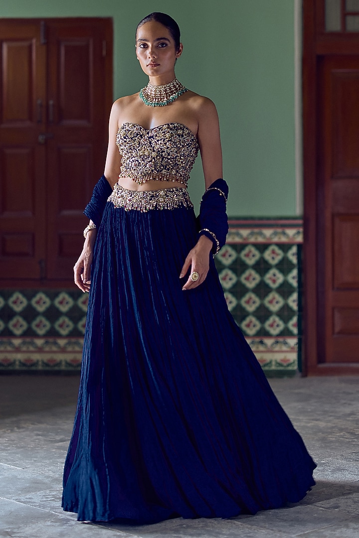Royal Blue Habutai Silk Mirror Embroidered Bridal Lehenga Set by Tamanna Punjabi Kapoor at Pernia's Pop Up Shop