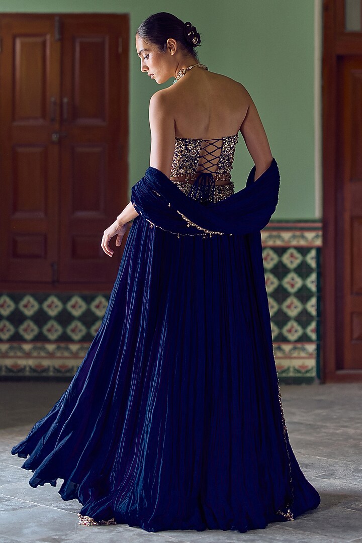 Royal Blue Habutai Silk Mirror Embroidered Bridal Lehenga Set by Tamanna Punjabi Kapoor at Pernia's Pop Up Shop