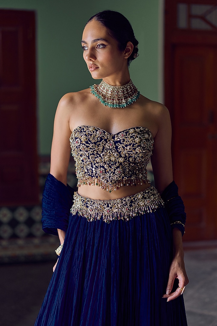 Royal Blue Habutai Silk Mirror Embroidered Bridal Lehenga Set by Tamanna Punjabi Kapoor at Pernia's Pop Up Shop