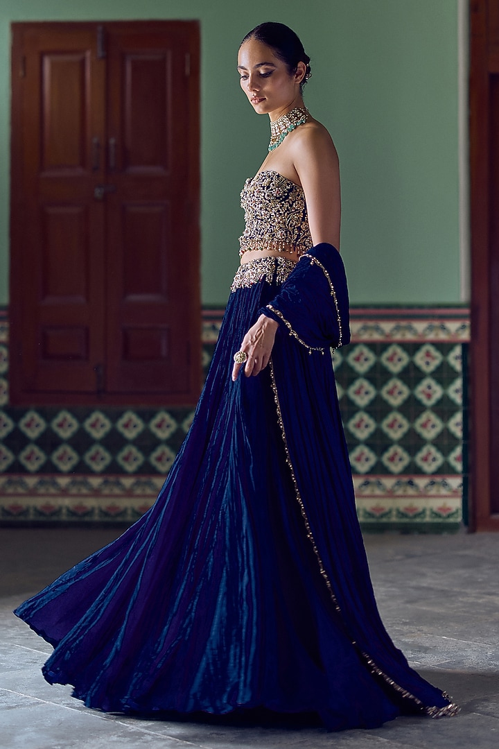 Royal Blue Habutai Silk Mirror Embroidered Bridal Lehenga Set by Tamanna Punjabi Kapoor at Pernia's Pop Up Shop