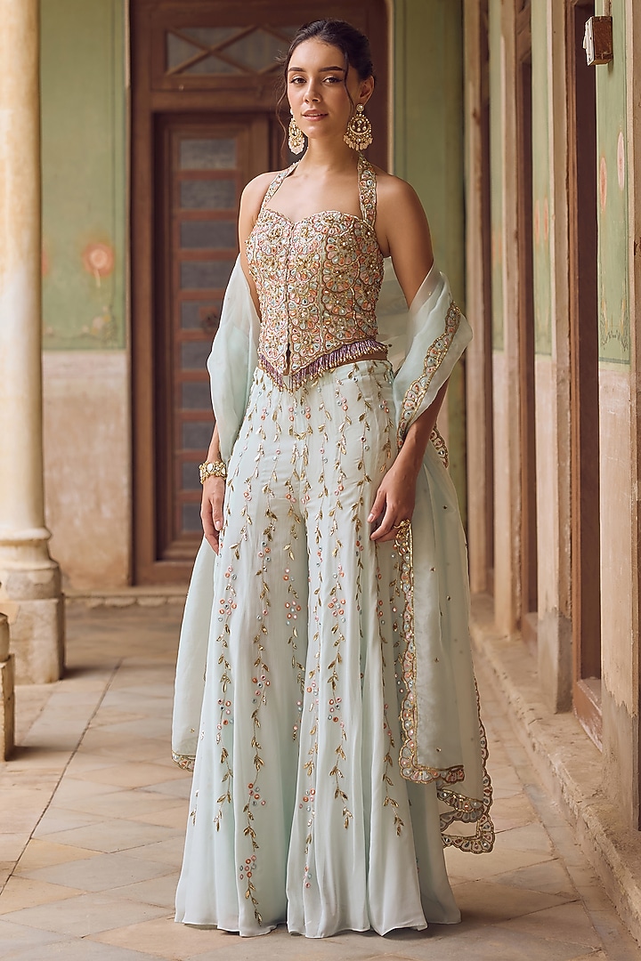 Sky Blue Georgette Bridal Sharara Set by Tamanna Punjabi Kapoor at Pernia's Pop Up Shop