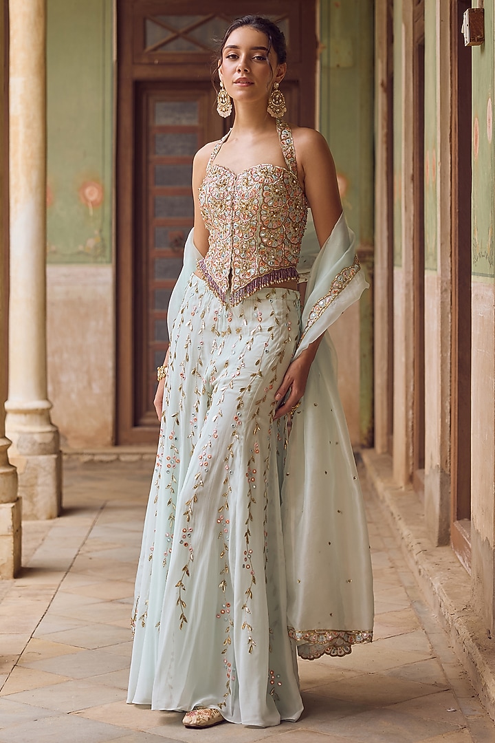 Sky Blue Georgette Bridal Sharara Set by Tamanna Punjabi Kapoor at Pernia's Pop Up Shop