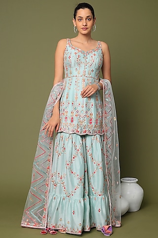 Blue Embroidered Gharara Set by Tamanna Punjabi Kapoor