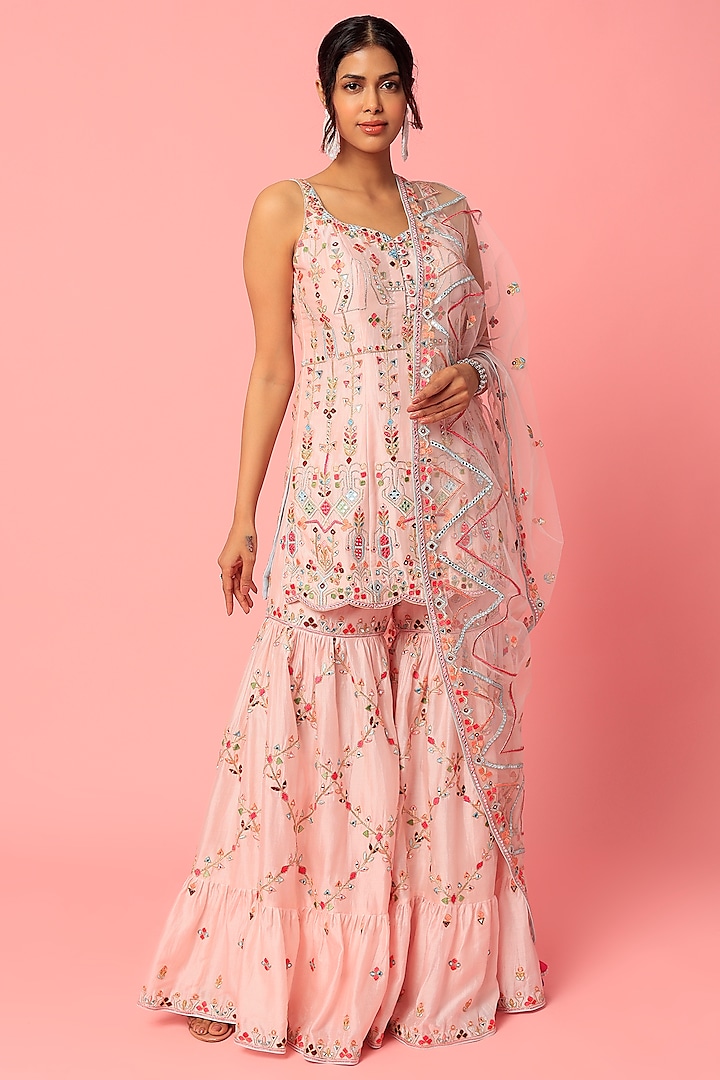Blush Pink Chanderi Silk Mirror & Resham Embroidered Gharara Set by Tamanna Punjabi Kapoor
