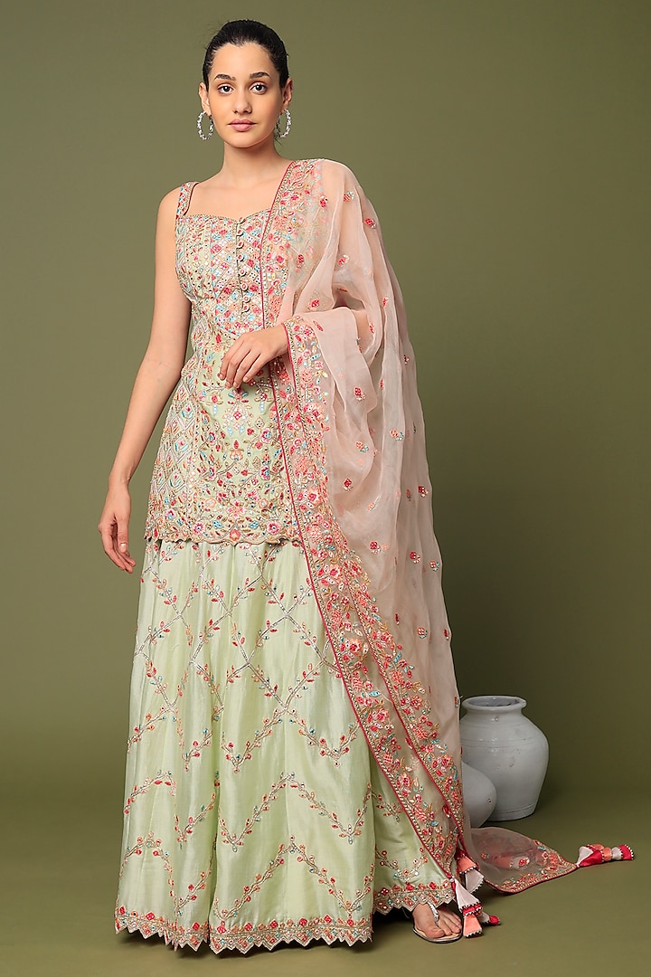 Mint Green Organza Embroidered Gharara Set by Tamanna Punjabi Kapoor at Pernia's Pop Up Shop