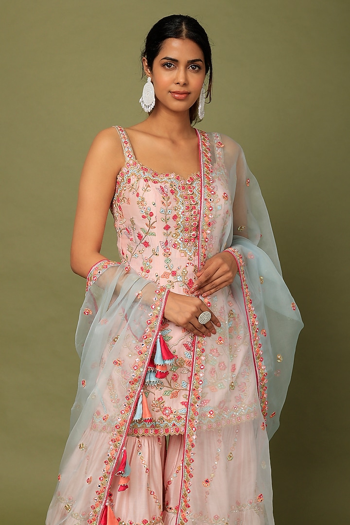 Pink Chanderi Silk Resham Embroidered Gharara Set by Tamanna Punjabi Kapoor at Pernia's Pop Up Shop