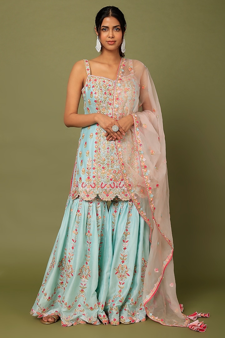 Blue Chanderi Silk Resham Embroidered Gharara Set by Tamanna Punjabi Kapoor at Pernia's Pop Up Shop