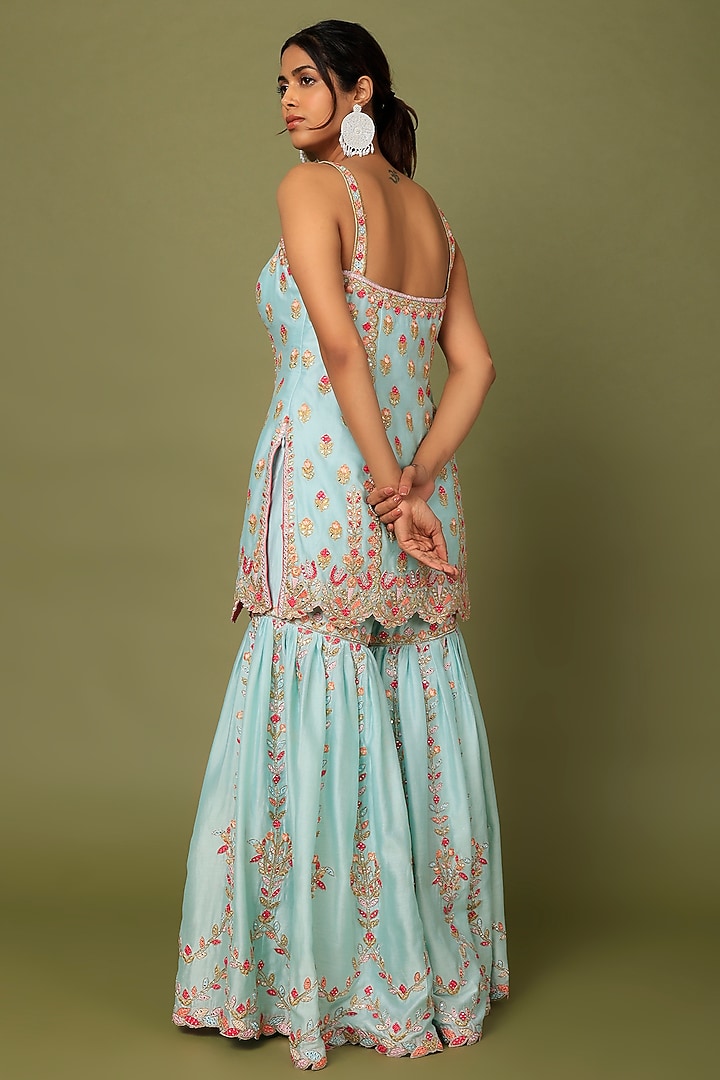 Blue Chanderi Silk Resham Embroidered Gharara Set by Tamanna Punjabi Kapoor at Pernia's Pop Up Shop