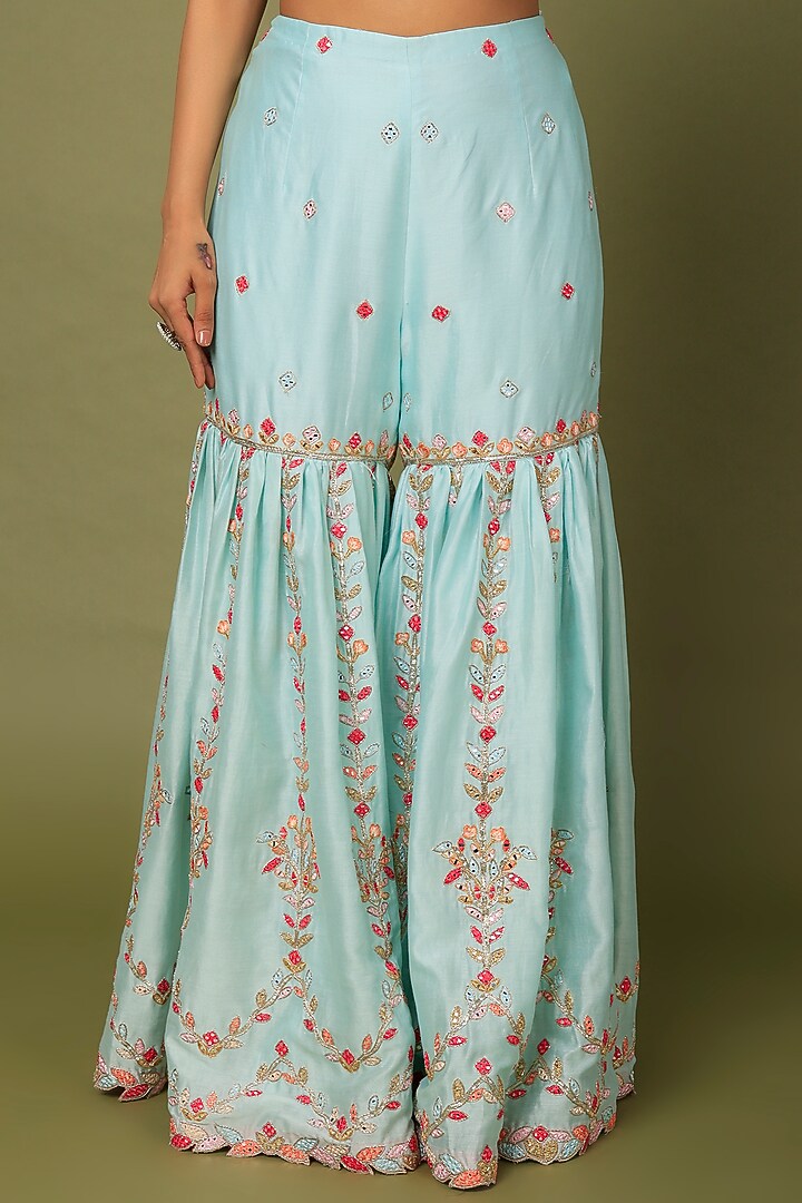 Blue Chanderi Silk Resham Embroidered Gharara Set by Tamanna Punjabi Kapoor at Pernia's Pop Up Shop