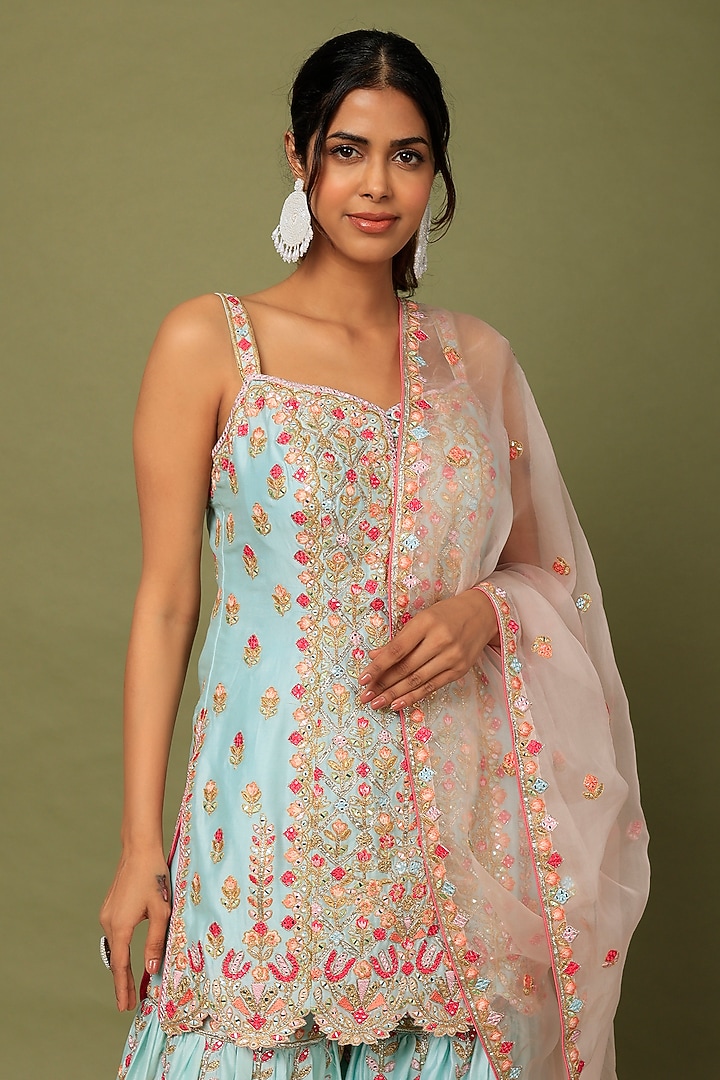 Blue Chanderi Silk Resham Embroidered Gharara Set by Tamanna Punjabi Kapoor at Pernia's Pop Up Shop