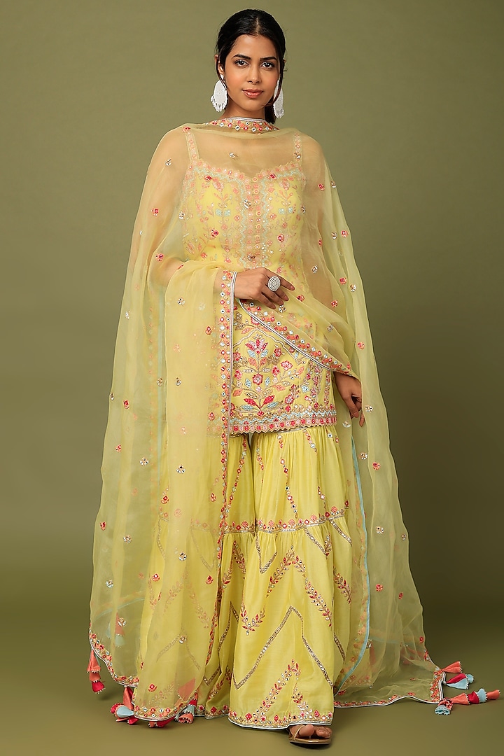 Yellow Chanderi Silk Resham Embroidered Gharara Set by Tamanna Punjabi Kapoor