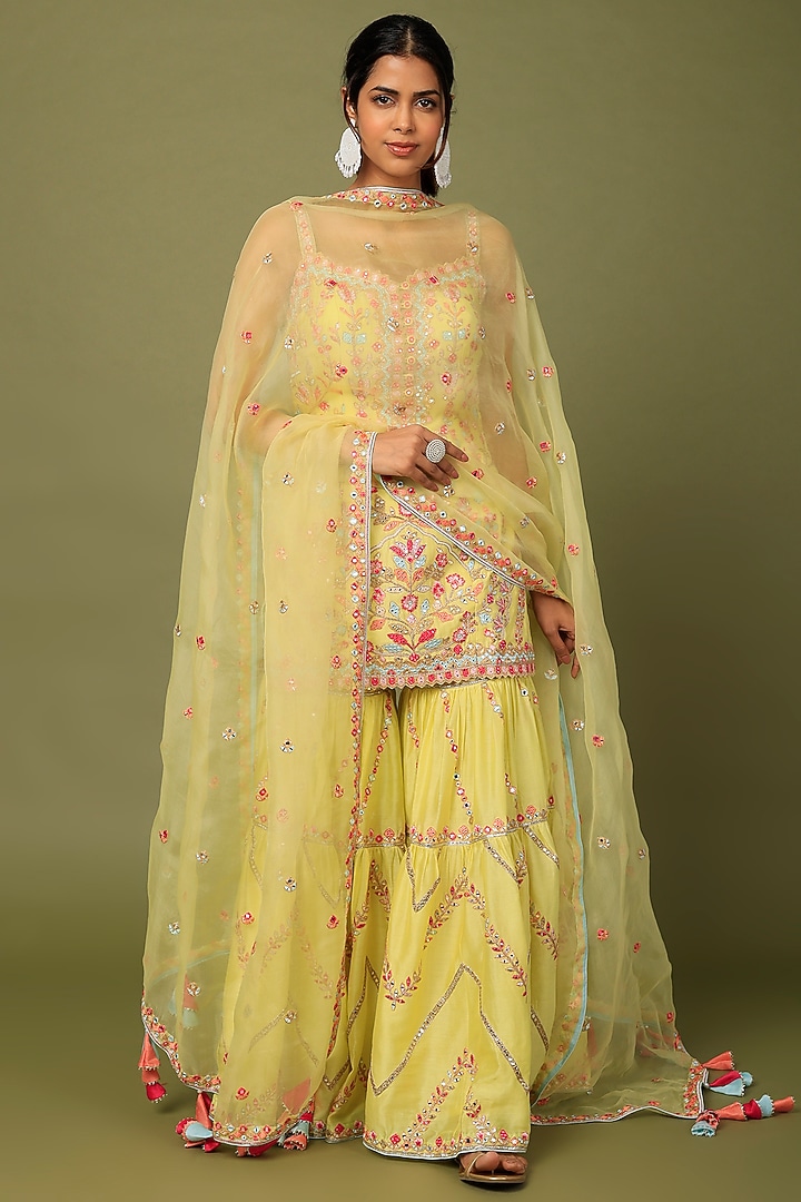 Yellow Chanderi Silk Resham Embroidered Gharara Set by Tamanna Punjabi Kapoor at Pernia's Pop Up Shop